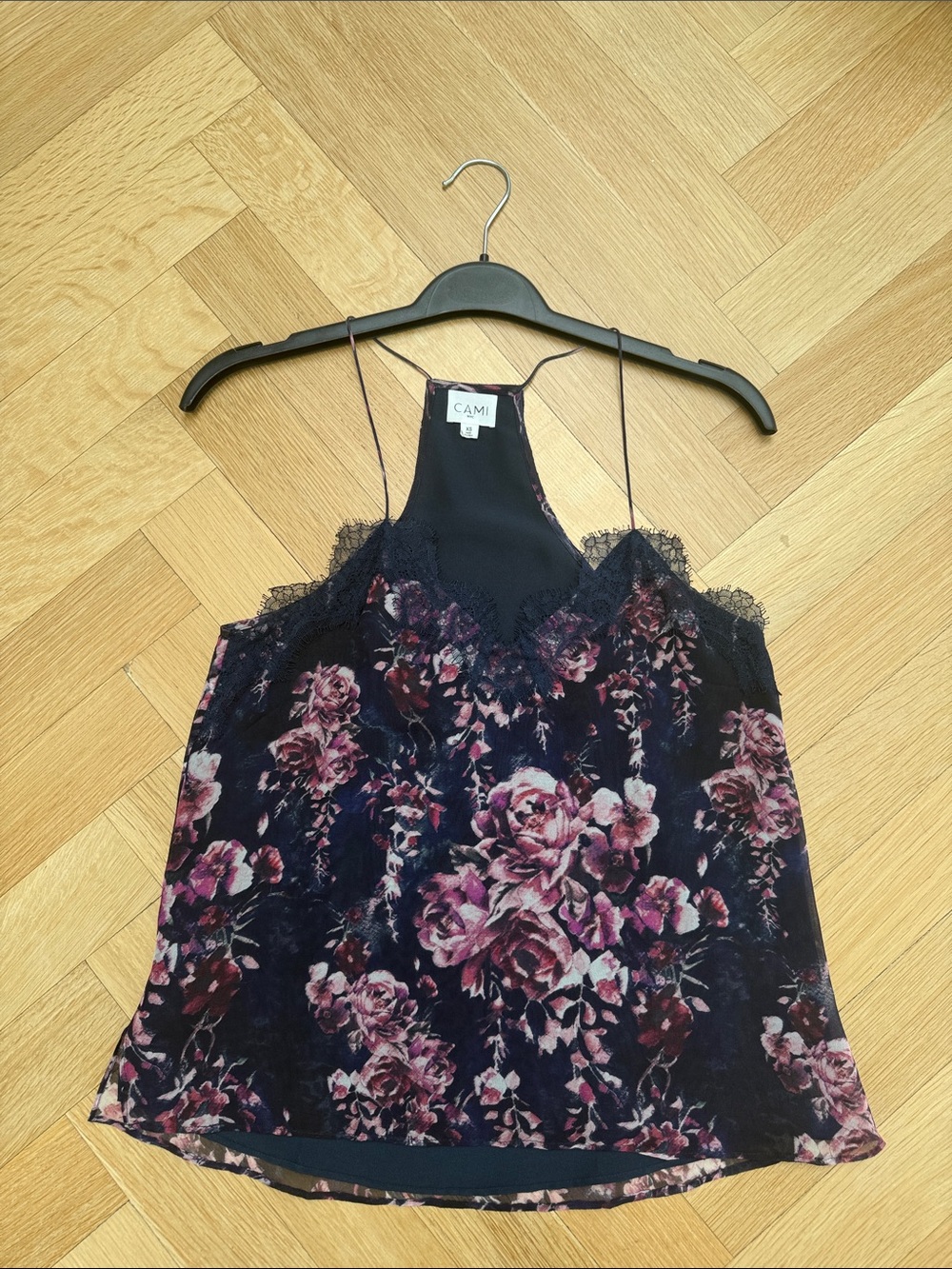 Cami NYC Navy Camisole with Pink Floral Lace Trim